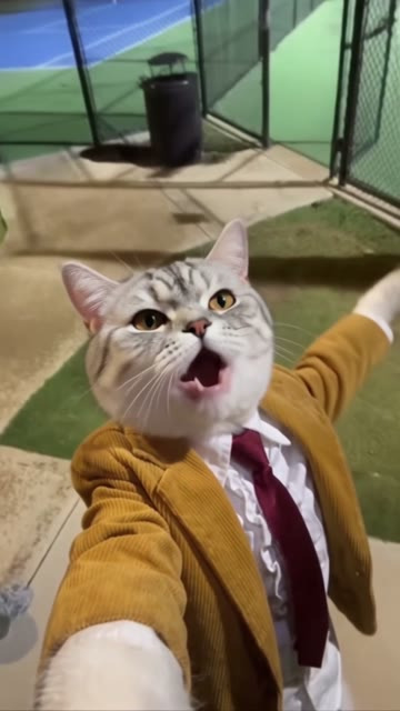 Silver-gray cat in a mustard suit performing the I Wanna Love You selfie beside a tennis court at night