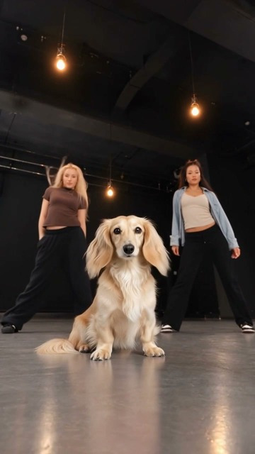 Frame from the tested Single Ladies template: a cream long-haired dachshund in front of two human dancers