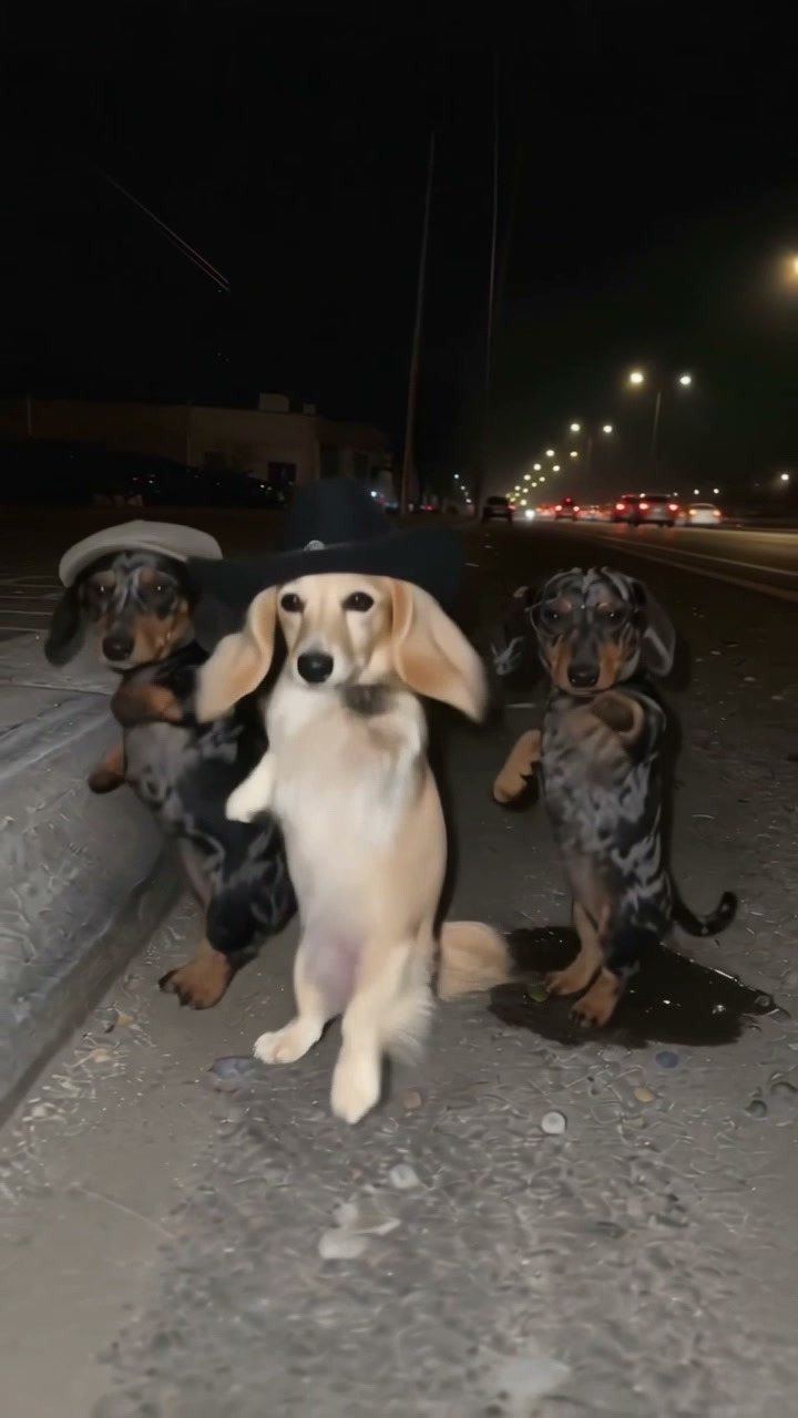 Generated cream-colored dog in a black hat dancing between two dapple dogs beside a road at night.