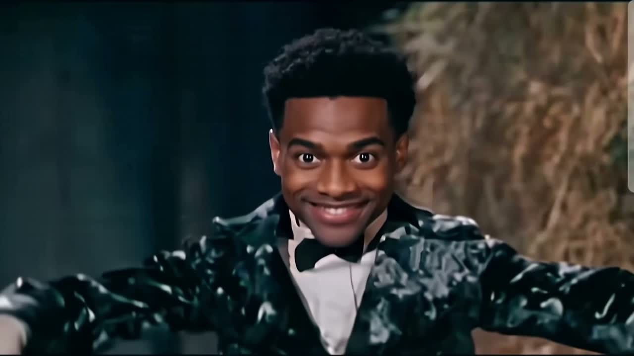 A fictional adult man in a dark tailcoat performs the Rumpelstiltskin tiptoe dance in a hay barn